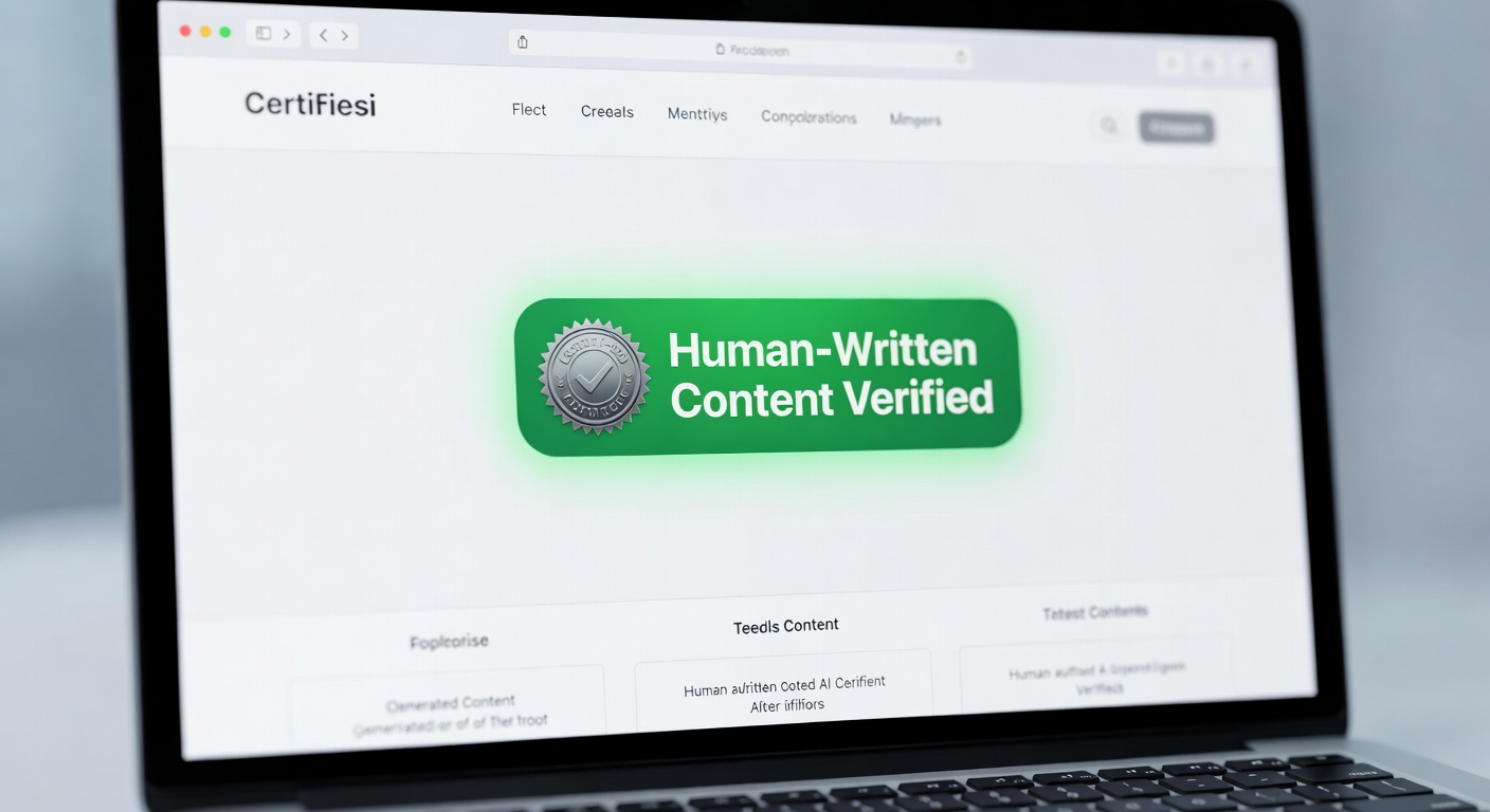 A close-up of a laptop screen displaying a green verification trust badge on a professional blog homepage, with a certif