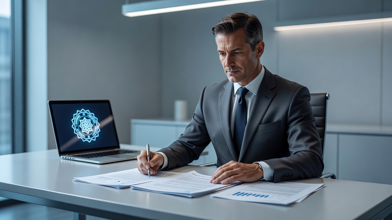 A professional in a crisp suit reviewing official government paperwork at a minimalist desk, a verification seal visible