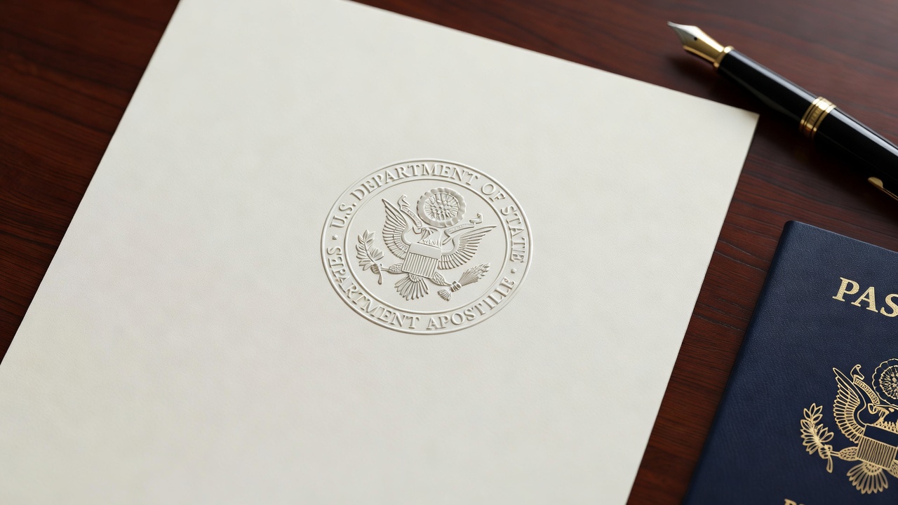 A crisp U.S. Department of State apostille seal pressed onto cream-colored official paper, shot from directly above on a