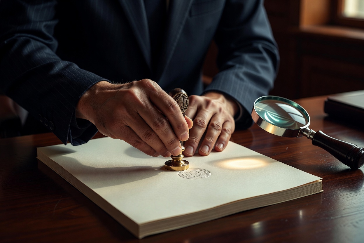 Hands in a tailored suit pressing an embossed notary seal onto cream government paper, a magnifying glass catching after