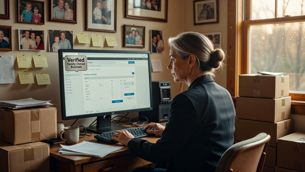 Over-the-shoulder shot of a woman business owner in her late 50s reviewing an e-commerce checkout page on a wide desktop