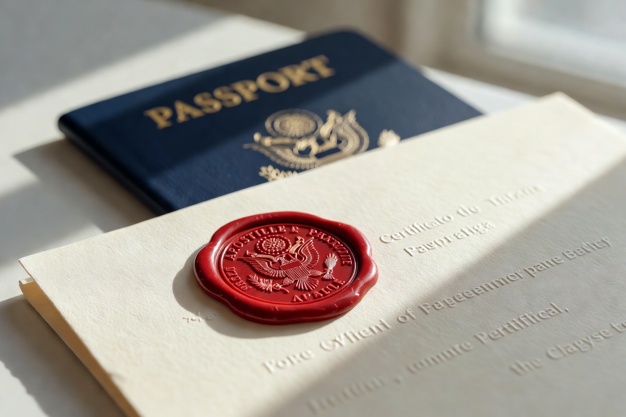 Macro editorial photograph of a crimson Apostille certification seal embossed onto cream bond paper, a navy US passport 