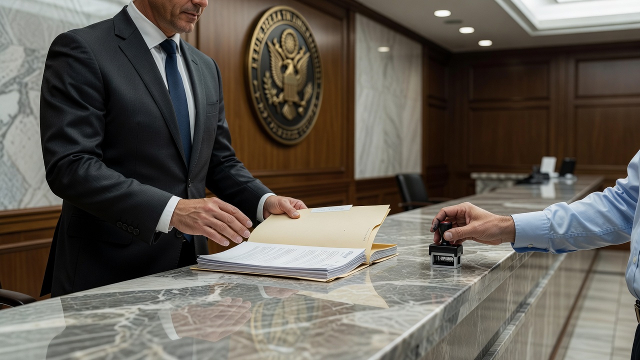 Wide-angle editorial shot of a sharply dressed professional sliding a manila folder of official documents across a polis