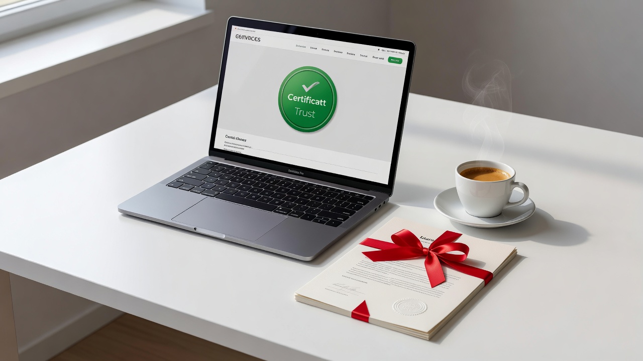 Overhead lifestyle editorial shot of an open MacBook displaying a professional services website with a prominent green c