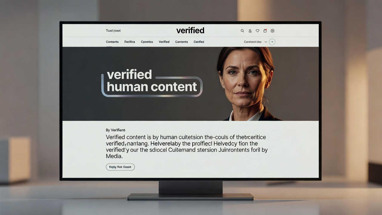 Wide-angle editorial shot of a modern media company homepage displayed on a large monitor — a verified human content bad