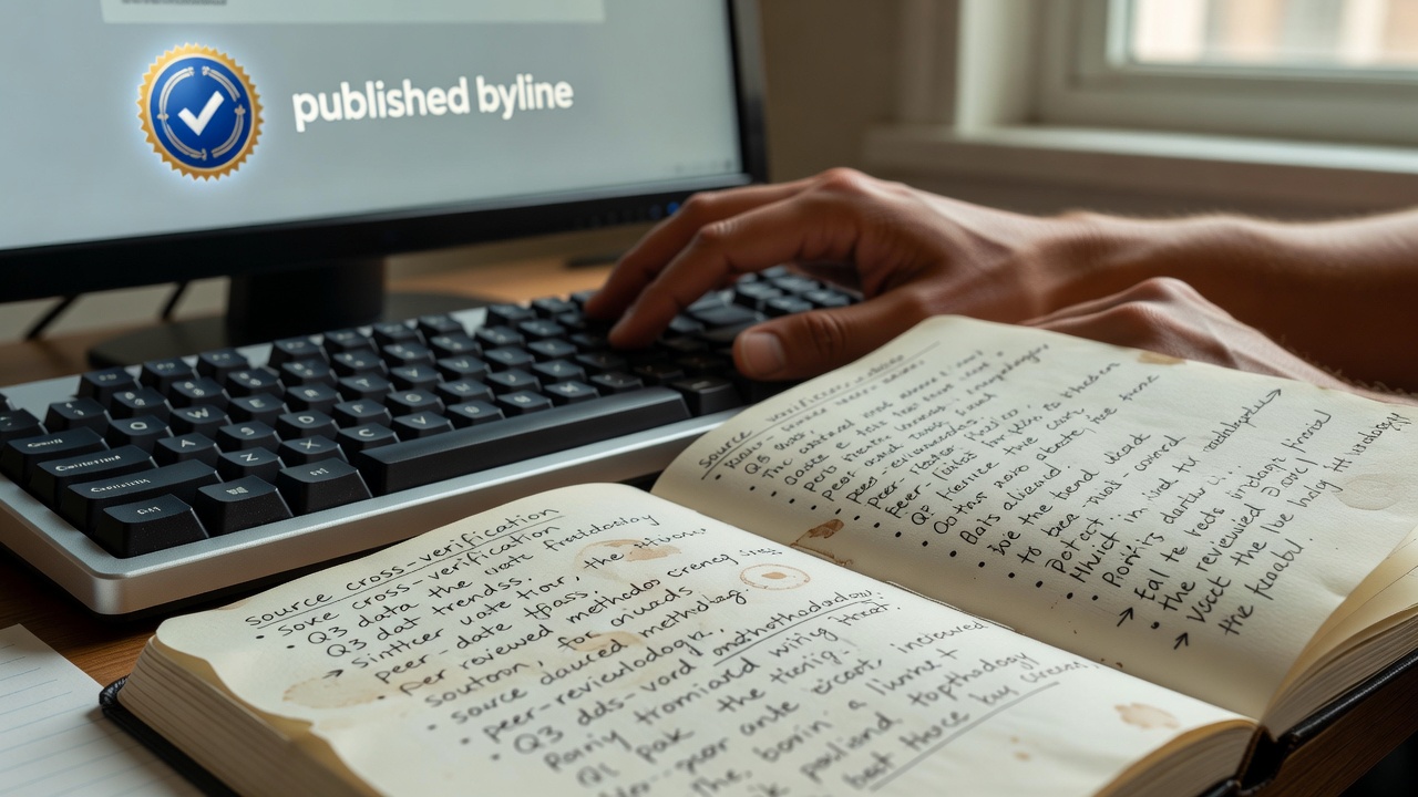 Macro editorial photograph of a writer's hands on a mechanical keyboard beside an open notebook covered in handwritten r