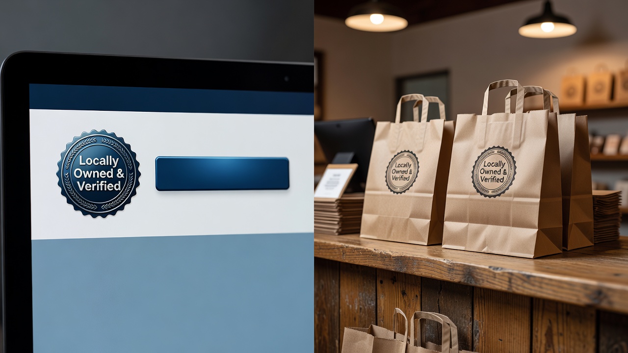 A crisp split-screen editorial mockup — left panel shows a small business website homepage with a "Locally Owned & Verif