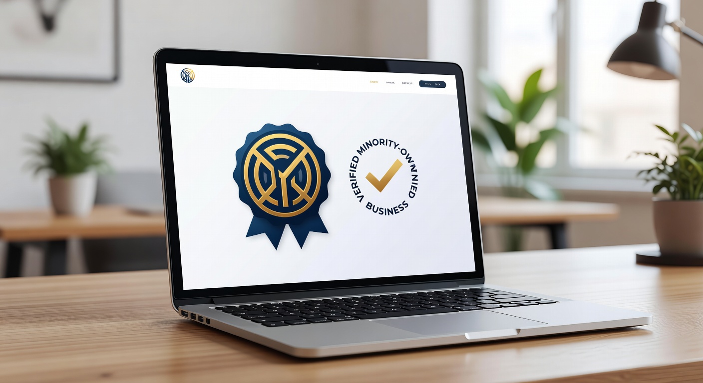 A professional digital certificate and trust badge displayed on a modern business website, showing a verified minority-o