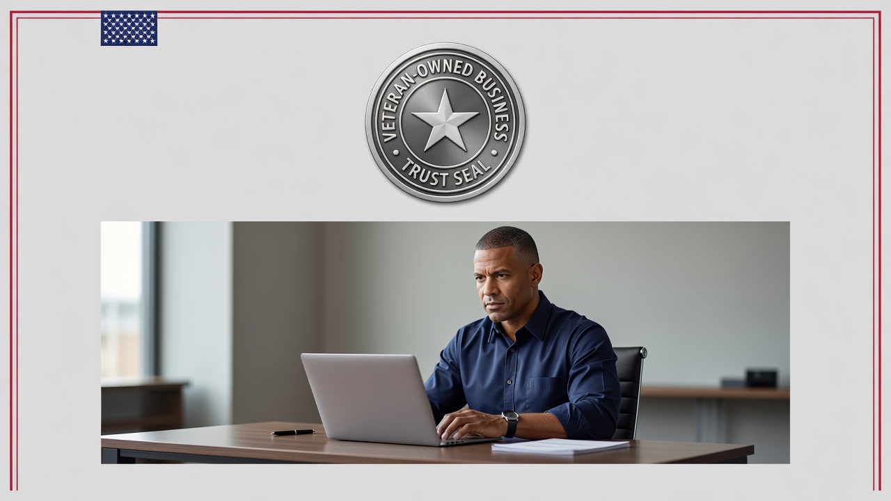 A clean small business website homepage featuring a prominent veteran-owned business trust badge seal near the header, w