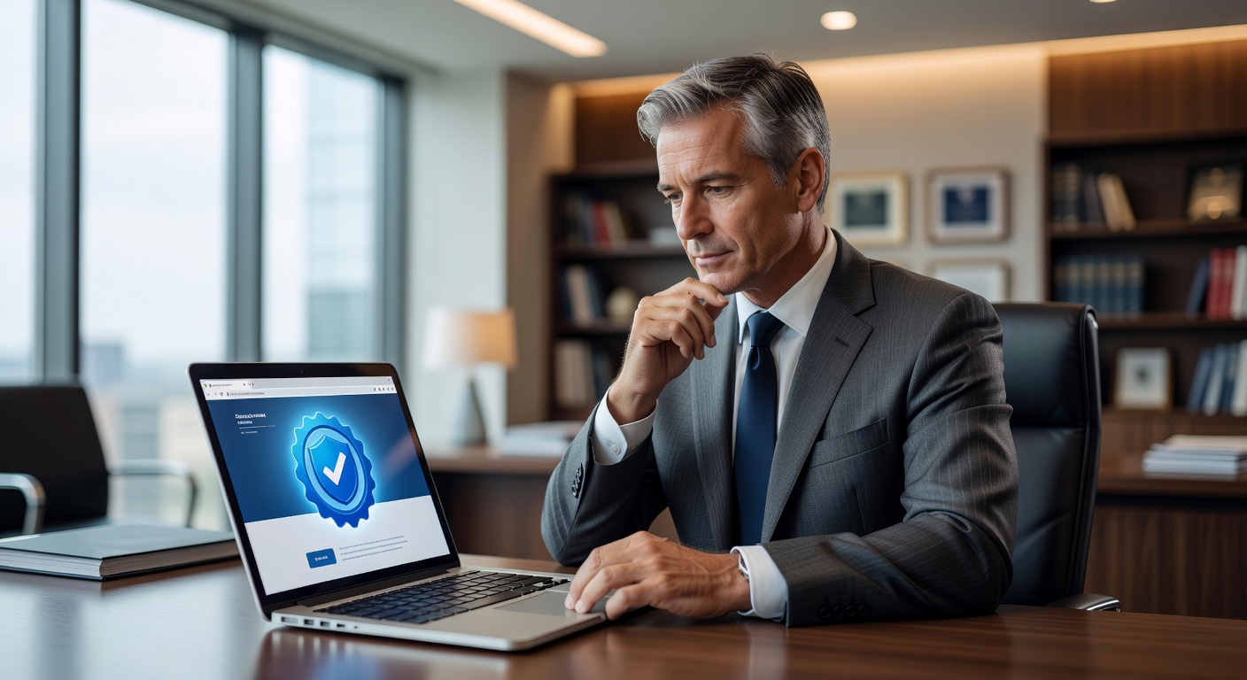 A veteran entrepreneur in business attire reviewing a professional digital trust badge on a laptop screen, well-lit offi