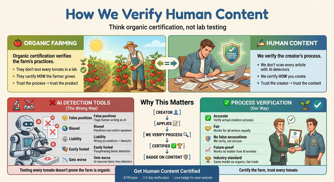 How We Verify Human Content - Infographic showing process verification vs AI detection